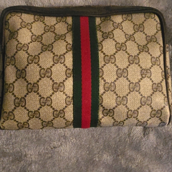 GUCCI Beige & Brown VINTAGE Ophidia Bag W Classic GG Monogram & Red/Green Stripe - Picture 2 of 8